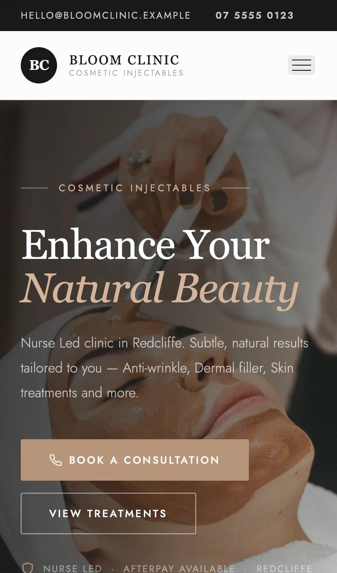 Concept aesthetics clinic website, viewed on a phone