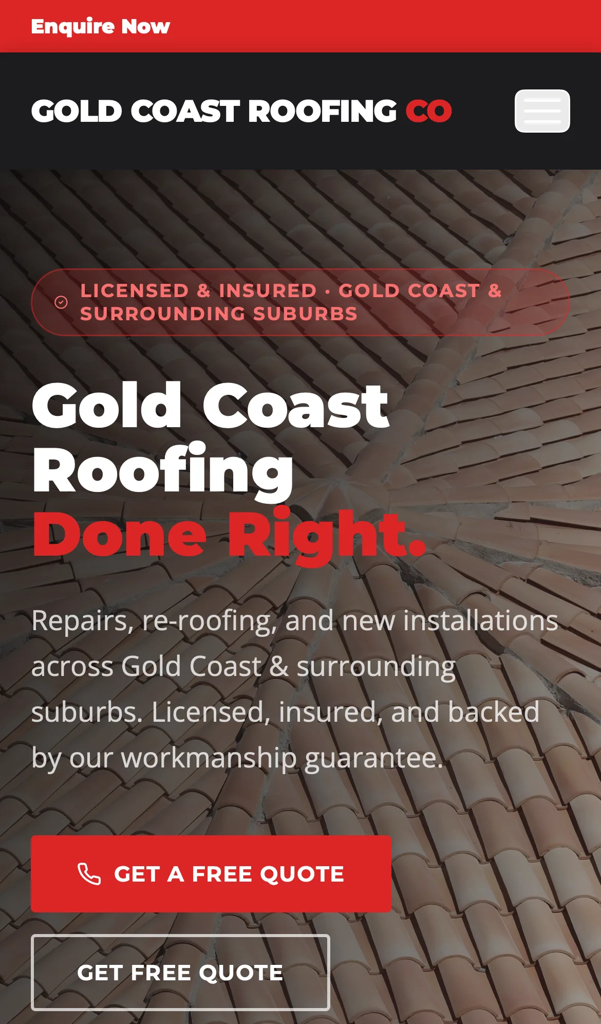 Concept roofer website, viewed on a phone